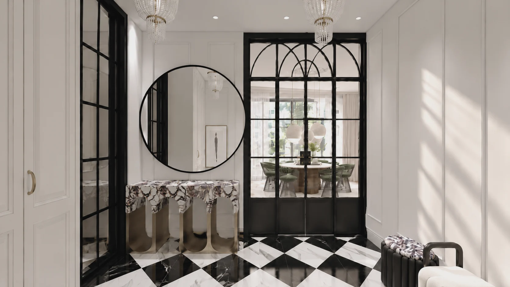 Visualisation entrance with chequerboard floor and glass door – Good Design